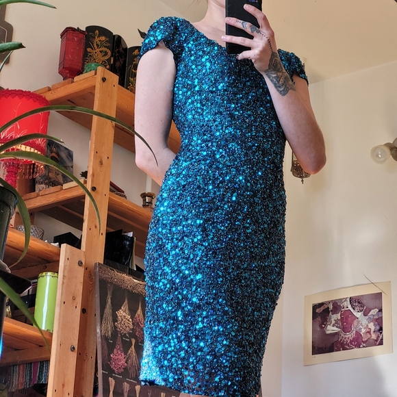 Vintage Scala Blue Sequin 100% Silk Evening Cocktail Dress - Xs - Picture 8 of 9
